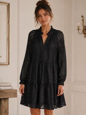 Ellison Black Textured Stripe Tiered Mini Dress Long Sleeves L